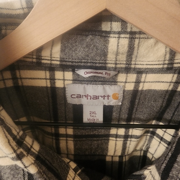 EUC Carhartt Black / Cream Plaid Flannel Button Up Shirt Mens 2XL Tall - Picture 4 of 10